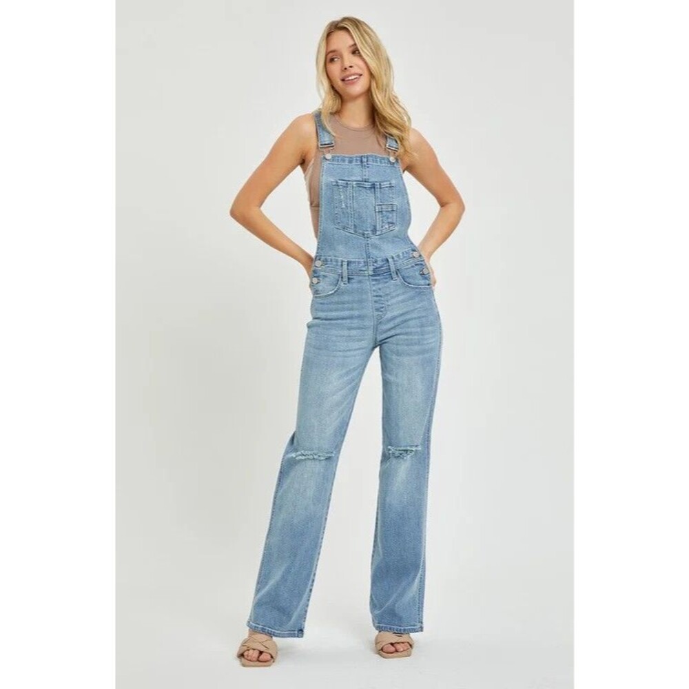 Risen Jeans Overalls Womens Medium Blue Denim Bib Flare Leg Distressed Pockets